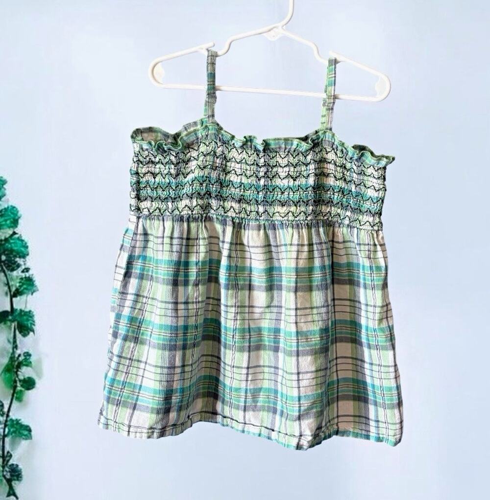 Arizona Jean Company Women’s Plaid Smocked Spaghetti Cami Tank S Green/Blue